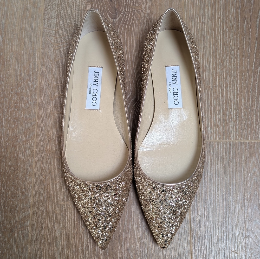 NIB Jimmy Choo Alina Gold Glitter Ballet Flats